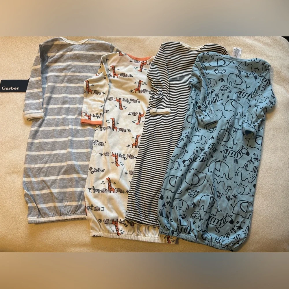 Gerber Baby 4-Pack Sleep Gowns Jungle Safari Animals 0-6m w/Mitten Cuffs NWT